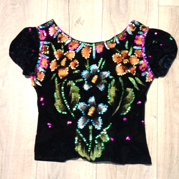 1950s Hand Painted Flower Shirt Top Sequin Mexico